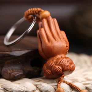 Móc khóa gỗ hình bàn tay Phật tọa Đài Sen